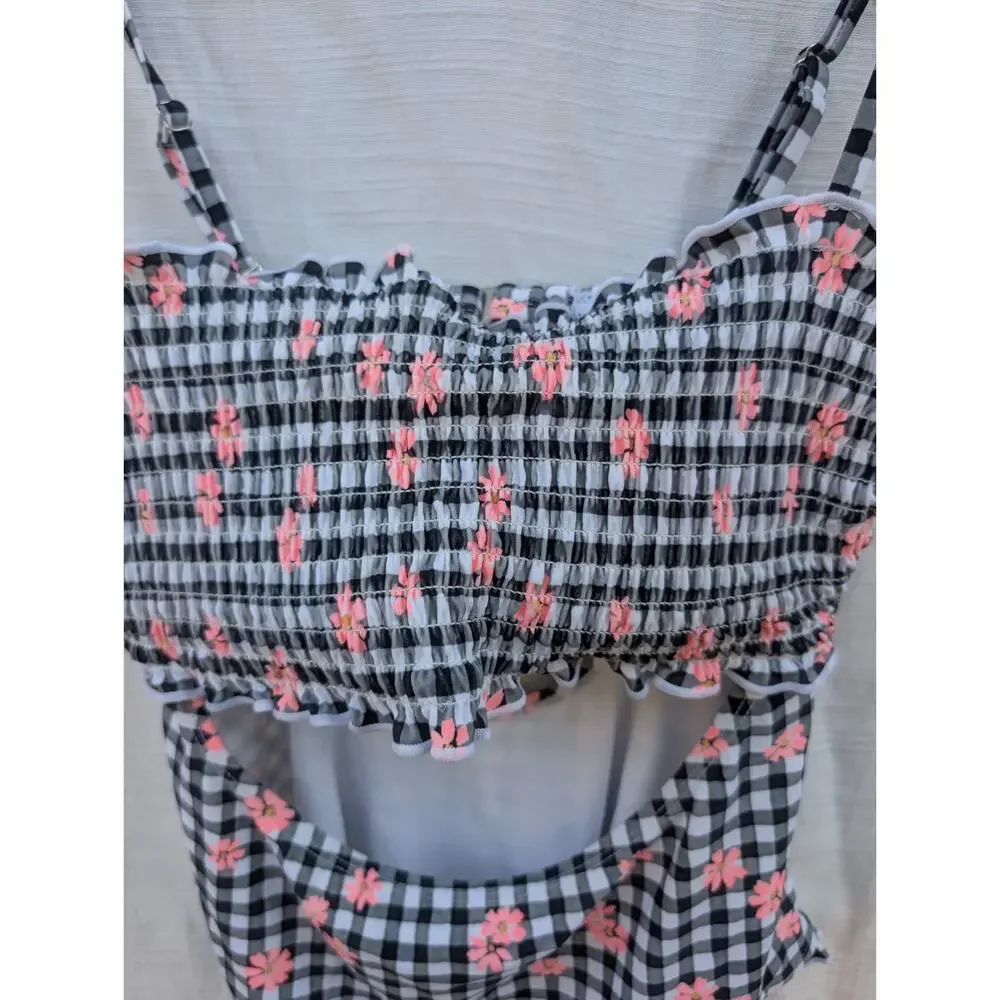 Decree Women's Plaid Check One Piece Swimsuit Sz L Floral Smocked Cut Out Ruffle